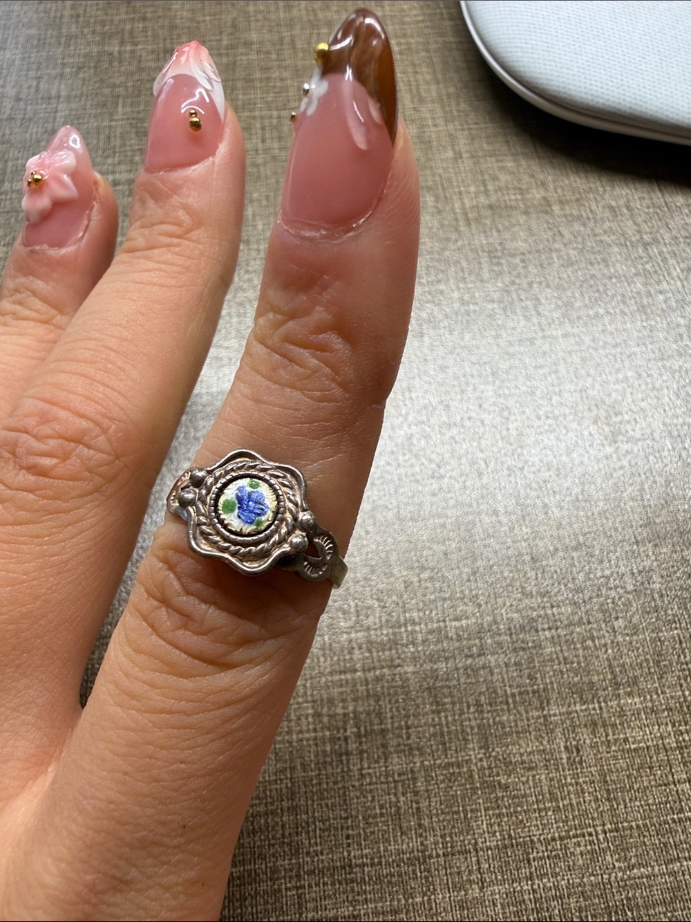 Sterling Floral Micro-Enamel Ring in Blue and White